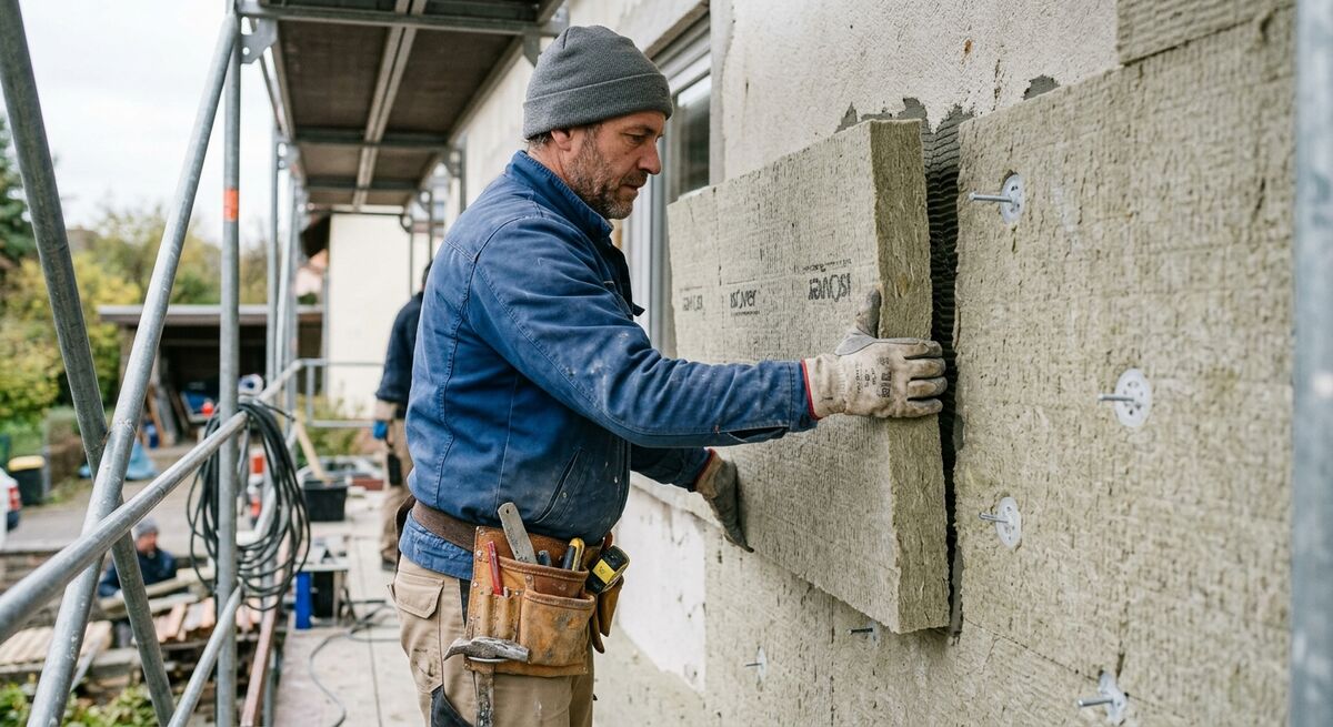 Handwerker bringt Fassadendämmung an einem Wohnhaus an