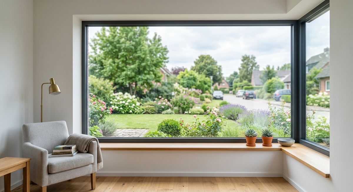 Blick durch ein neues, dreifach verglastes Fenster in den Garten