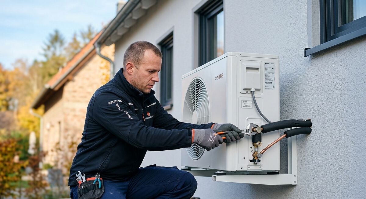 Außeneinheit einer Wärmepumpe bzw. reversiblen Klimaanlage an einer Hauswand